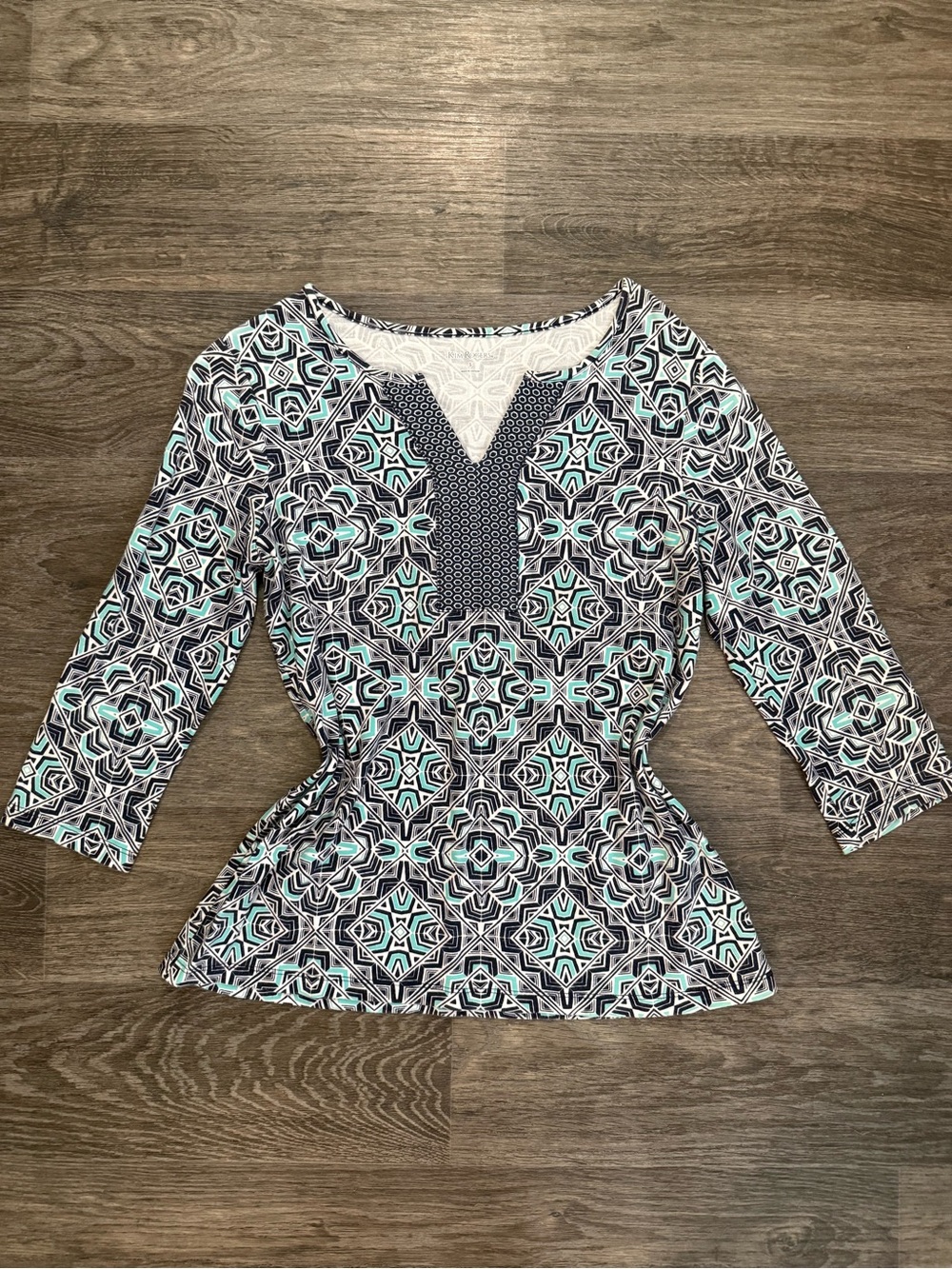Y2K Printed 3/4 Sleeve Top - Teal & Black